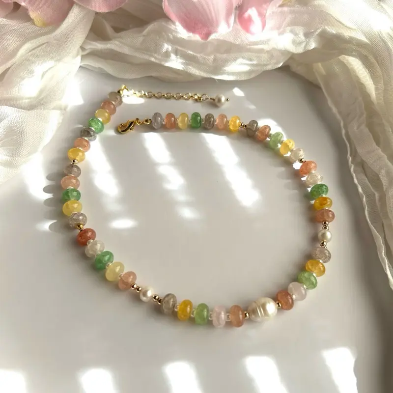 Pastel Harmony Necklace - Colorful Beads, Gold Tone Chain, Elegant Design, Multicolor Rondelle Stones, Freshwater Pearls, Perfect for Everyday Wear