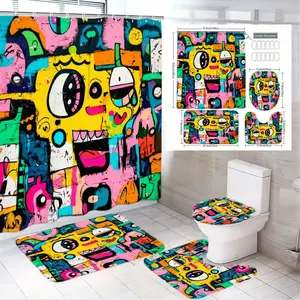 1/4pcs Graffiti - Style Bathroom Set with SpongeBob - Like Character | Colorful Shower Curtain Sets, 2 Bath Mats, Toilet Seat Cover, Perfect for Spring, Summer & Festive Decor | Vibrant Pink/Blue/Green/Orange Geometric Patterns, 7 - Piece (Including Hoo