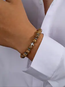 Vintage Simple Cross Beaded Bracelet for Men, Elastic String Hand Chain, Daily Wear Accessory, Versatile Wooden Beads Jewelry, Stretchy Rosary Bracelet