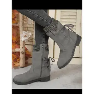 Women's plus velvet and cotton flat-soled mid-tube boots, rivet-inlaid bow-decorated snow boots, wool elastic neckline comfortable, warm, fashionable and versatile suitable for winter outdoor travel shoes, Elegant boots