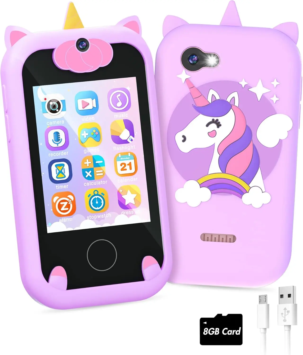 Halloween Fall Gift  Kids Smart Phone for Girls Unicorns Gifts for Girls Toys 8-10 Years Old Phone Touchscreen Learning Toy Christmas Birthday Gifts for 3 4 5 6 7 8 9 Year Old with 8G Memory Card (Purple)