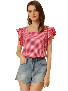 INSPIRE CHIC Summer Gingham Tops Square Neck Ruffle Cap Sleeve Blouse
