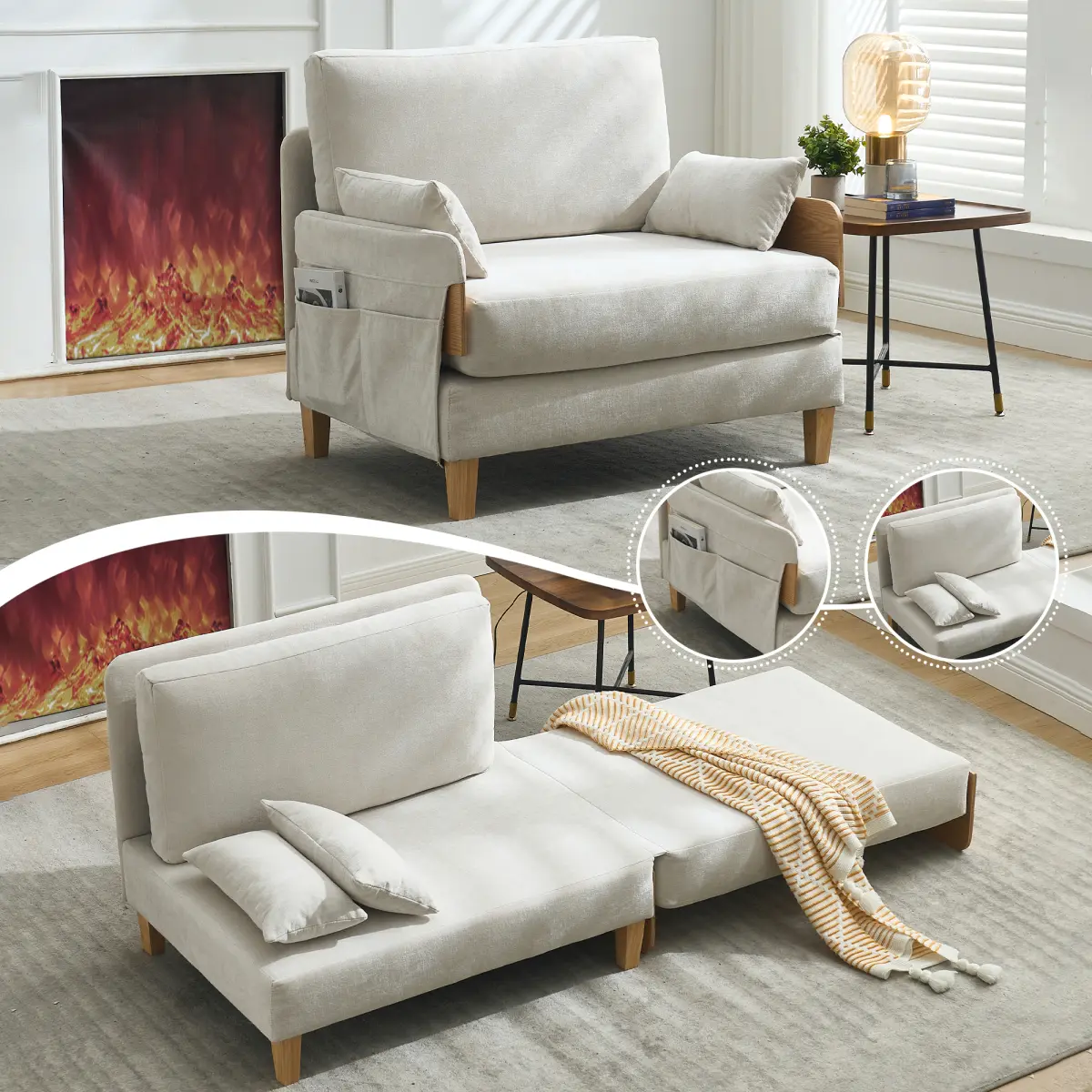 3-in-1 Foldable Sofa Bed Recliner Sleeper, Mid-Century Modern Convertible Sofa Chair with 3 Pillows, Space-Saving Design for Small Spaces, Bedroom, Study & Guest Room, Beige