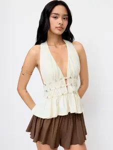 Cider Halter Neckline Ruched Ruffle Hem Top