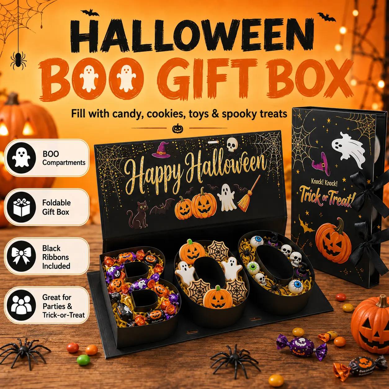 4-in-1 Halloween BOO Gift Box, Fillable Letter Shaped Candy Gift Box with 2 Black Ribbons & Raffia Paper, Reusable Trick or Treat Party Favor Box for Halloween Parties, Classroom Treats, Kids Gifts