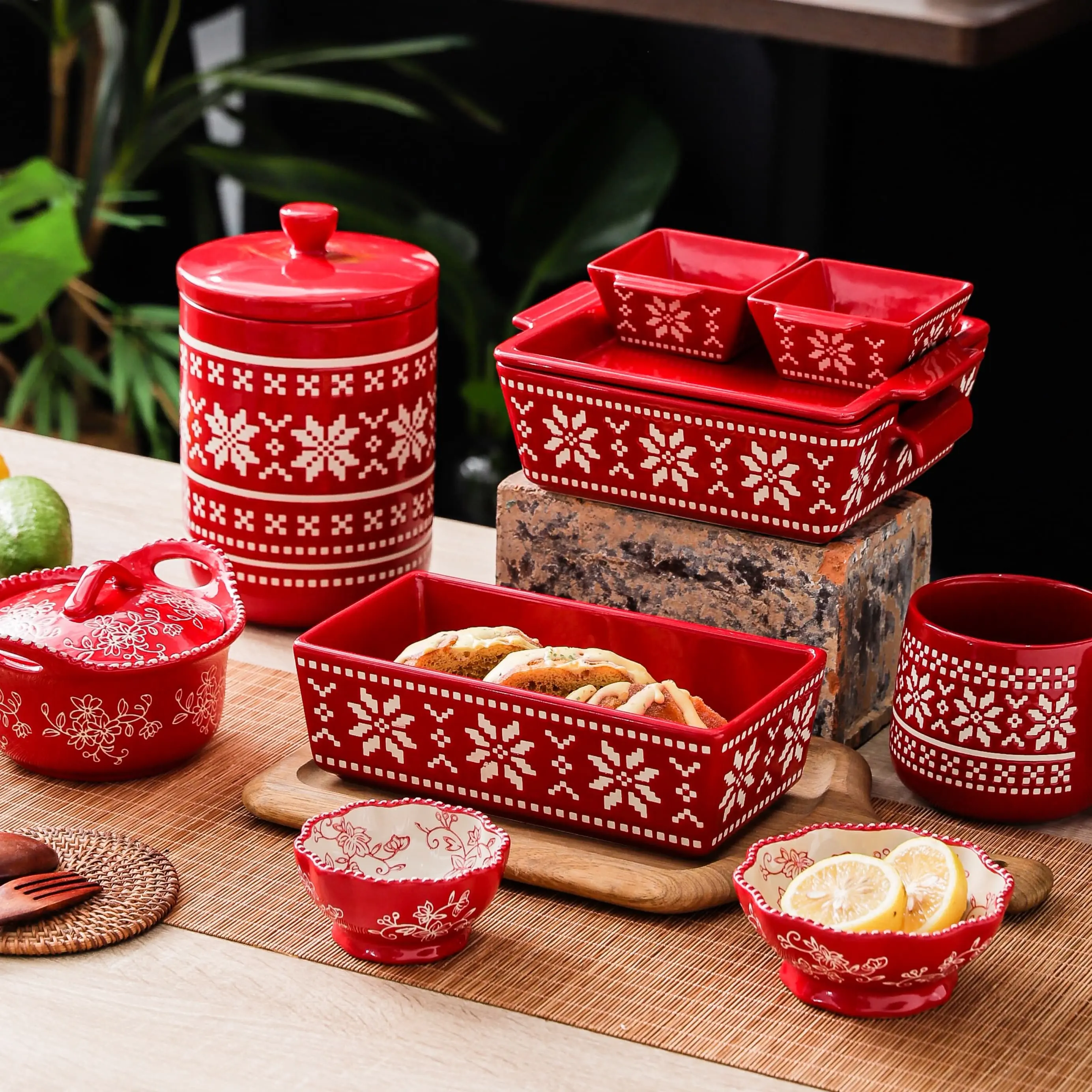 HongDian Red Snowflake Pattern Tableware Series,Optional Ceramic Mug Bowl Plate,Cup 600ml 20 oz,Micro Embossed Craft,Premium Ceramic,SGS Tested Underglaze Fade Resistant,Microwave Dishwasher Oven Sterilizer Safe,Dessert Serving Holiday Table Decor