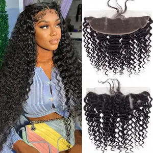 13x4Lace Frontal Human Hair Deep Wave Ear to Ear Lace Frontal Closure Free Part Unprocessed Brazilian Curly Virgin Hair Extensions HD Transparent  Lace Closure for Black Women Pre Plucked Natural Black