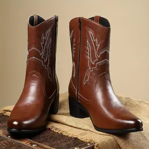 Men’s high-top Western cowboy boots for outdoor wear, round toe, embroidered flowers, zipper closure, brown, classic orthotic design, wide square toe walking shoes, comfort closed-toe chef-style design, available in plus sizes
