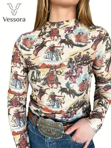 Vessora Women’s Vintage Western Cowboy Print Mesh Top, Sheer Mock Neck Long Sleeve Rodeo Layering Tee, Cowgirl Stretch Slim Fit Country Concert Going Out Top