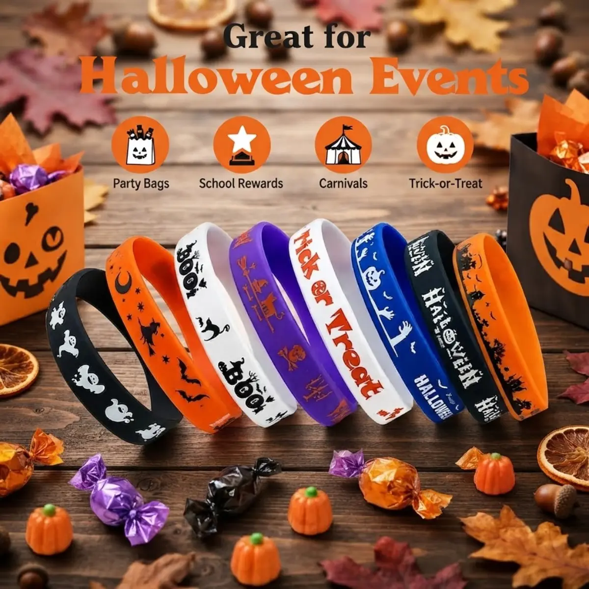 Halloween Silicone Wristbands 8/16/24 Pack, Pumpkin Ghost Trick or Treat Bracelets, Cute Halloween Party Favors for Kids Adults, Party Bag Fillers, School Rewards, Carnival Prizes, Unisex Halloween Accessories