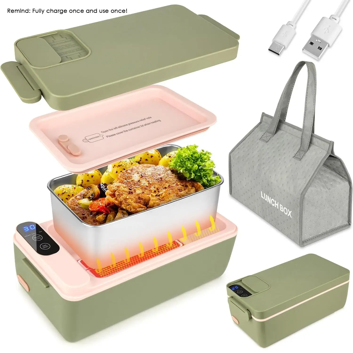 Portable Electric Lunch Box, Rechargeable Insulated Food Heater, LCD Digital Display Food Heating Box, Household Kitchen Appliances for Car/Truck/Work