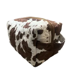 Quilted Brown Cow Print Zippered Boxy Bag for Cosmetics & Daily Essentials with Stylish Design and Durable Zipper