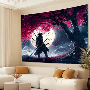 1pc 2D Flat Japanese Cherry Blossom & Samurai Tapestry | Elegant Polyester Wall Hanging with Night Sky & Moon Design | Perfect for Living Room Bedroom Office Party Decor | No Power Needed Feat White
