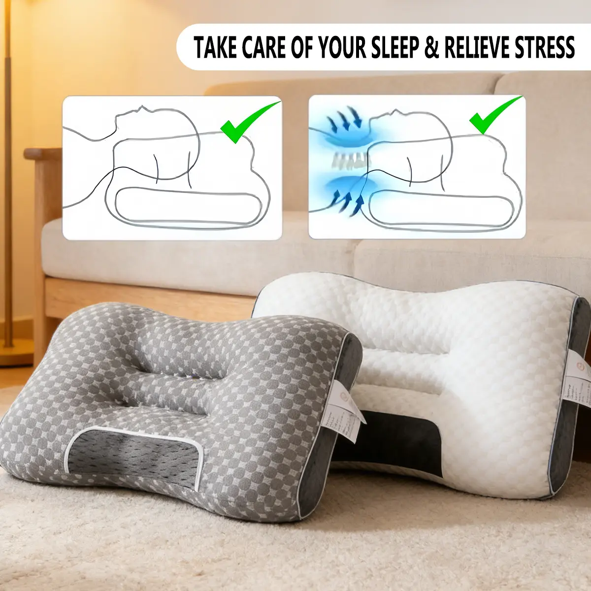 Ergonomic memory foam neck pillow gently supports your neck and relieves neck pain. Ergonomic memory foam neck pillow gently supports your neck and relieves neck pain.