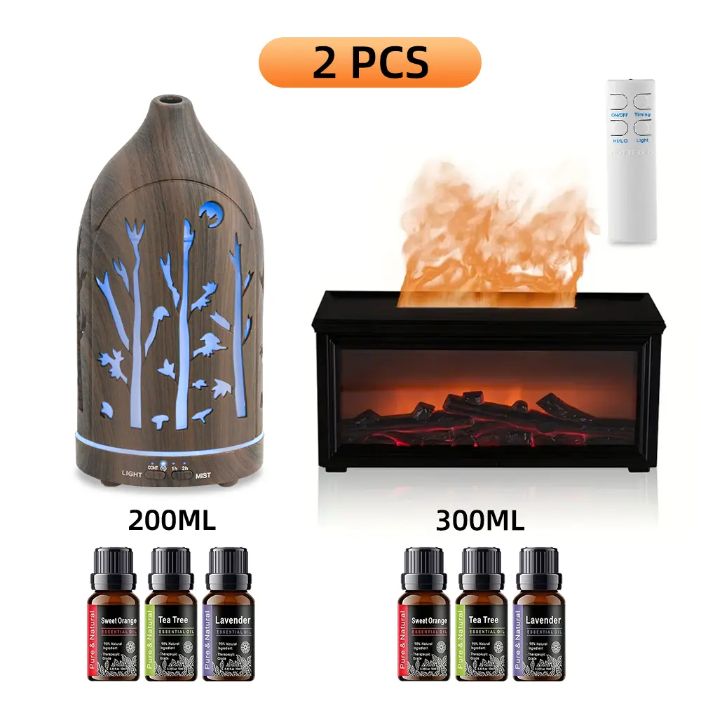 Household 2-Piece Fireplace & Wood Grain Humidifier Diffuser Gift Set - 300ml Humidifier, 200ml Diffuser, Remote Control, 6 Oils, 7 Lights, Quiet Operation, Aromatherapy for Home