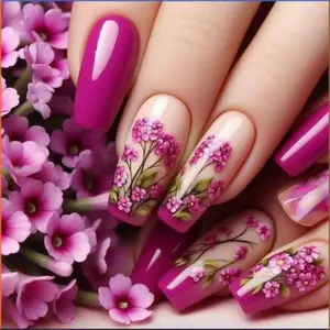Long-length, detachable, glossy, ballet-style, purple flower pattern, purple and pink color blocking, 24-piece nail tips, detachable, press-on nails, artificial nails, stick-on false nails, gel type, press-on false nails