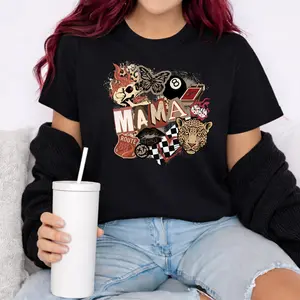 Men's Classic Retro Cotton Checkered T-Shirt - Relaxed Fit, Ribbed, Breathable, Casual, Mama Badge Patchwork, Vintage Animal Graphic Top for Layering