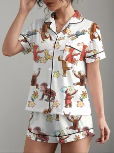 Women's Monkey Print Pajama Set, Casual Fitted Short Sleeve Shirt & Elastic Shorts, All Season Home Wear, Holiday Party Sleepwear, Homewear Pjs