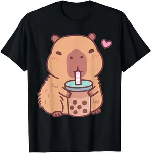 100% Cotton Cute Capybara Kawaii Anime Drinking Bubble Tea Lover Girls T-Shirt