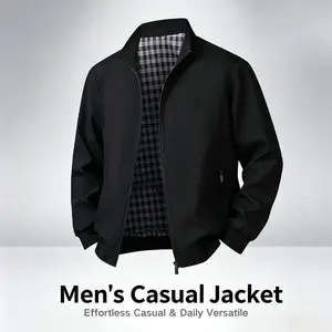 Men’s stand-collar business casual jacket, spring/autumn plaid lining, comfortable and versatile zip-up outerwear, classic top for everyday commuting and outdoor wear