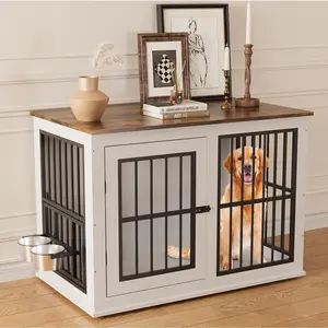 40" Iron & Wood Dog Crate Furniture, Heavy Duty Metal Frame Wooden Dog Cage with Liftable Top, Includes 2 Stainless Steel Bowls, End Table/TV Stand for Large Medium Dogs kennel