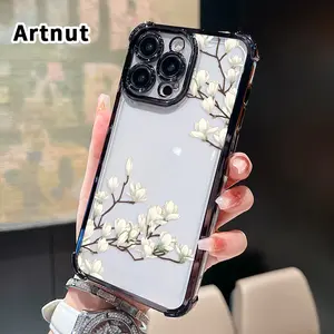 Magnolia Blossom Grace Pattern Phone Case for iPhone 17 16 Pro Max 15 Plus 14 13 12 11 E Air Electroplated Cover with Airbag Shockproof Soft Silicone Casing