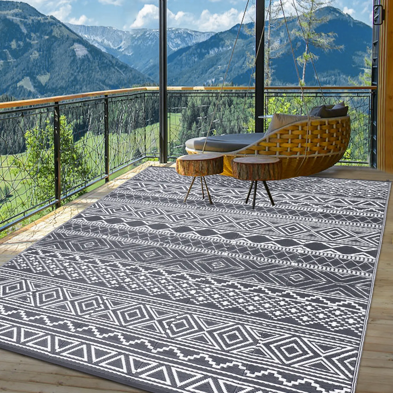 Garvee Upgraded 9x12 Outdoor Patio Rug – Waterproof Reversible Plastic Straw Rug, Recyclable Woven Outdoor Carpet for RV Camping, Deck, Porch, Backyard, Picnic & Patio, Grey
