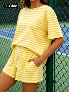 Women's Striped Knit Short Set, Loose Fit Casual Summer, Round Neck & Drawstring Design, Perfect for Daily Wear Womenswear Striped Sets