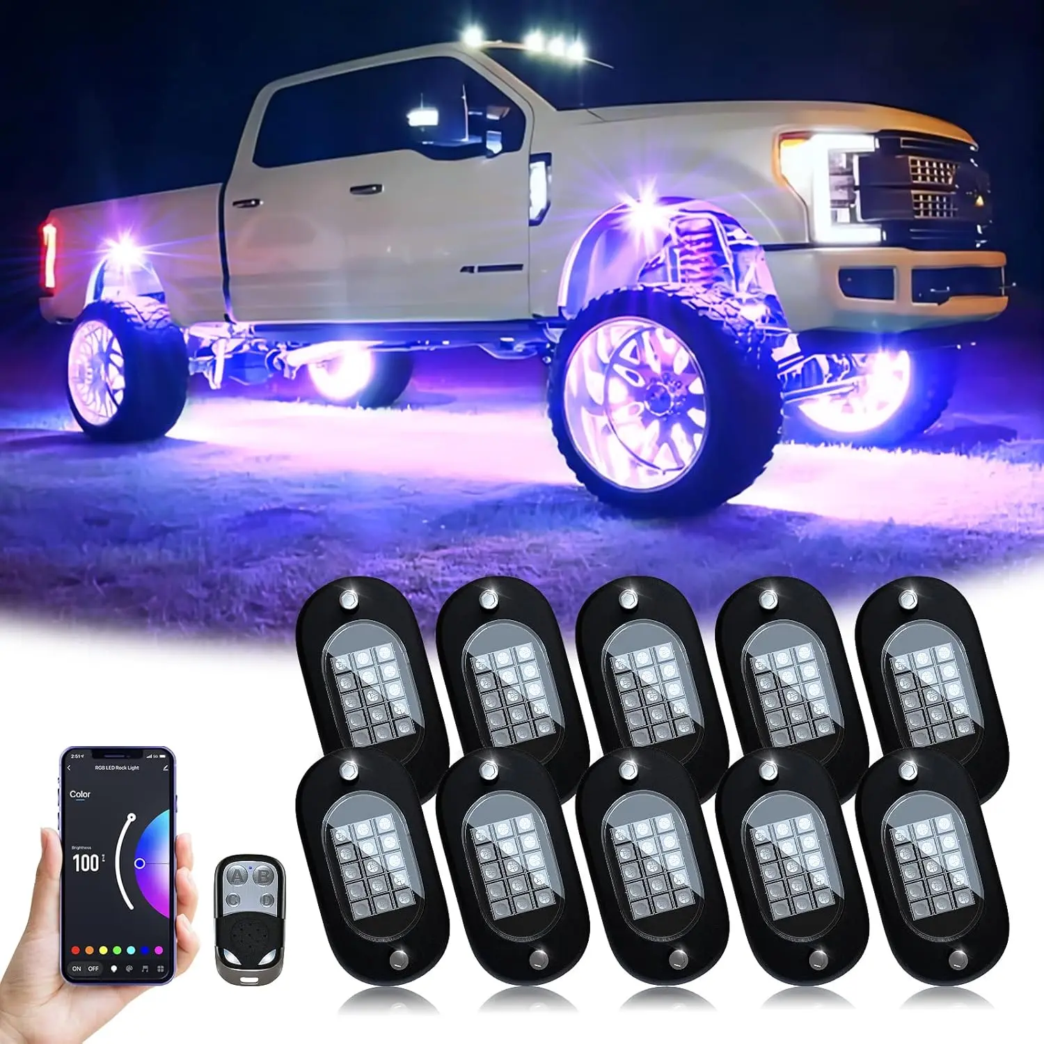 RGB LED Rock Lights, with Phone App/Remote Control & Timing & Music Mode Rock Lights Kits,  Underglow Light for  ATV RZR UTV SUV Off Road AUTO  (10 Pods)