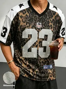 American Retro Leopard Print 23 Jersey, Loose Fit Streetwear T-Shirt for Men, Summer Sporty Top, Trendy Short Sleeve Tee