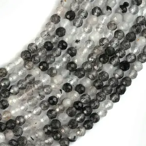 Crafted from Authentic Natural Black Rutile Quartz Round Micro Faceted Beads String, 2mm/3mm/4mm/6mm, 15.5 Inches Long for Jewelry Making, Beads Making - AS & JG