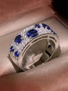 1 PC Glamorous Blue Cubic Zirconia Double Row Ring For Women For Wedding Engagement Party Jewelry Valentine's Day Gift