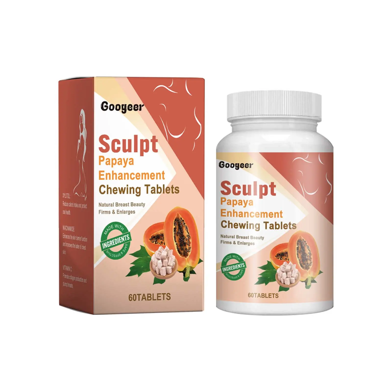 Googeer：Papaya enzyme chewable tablets, Containing Vitamin C and Niacinamide, regulate hormones, relieve menstrual discomfort in women, and promote breast development. 60 tablets.