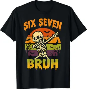 100% Cotton Unisex 67 Halloween Meme 6 7 Skeleton Six Seven Numbers Funny Bruh T-Shirt