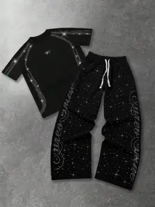 Men's Streetwear Brickstone Design Top & Striped Straight-Leg Pants Set, Casual Fitted for All Seasons, Comfortable Fashion Striped Sets