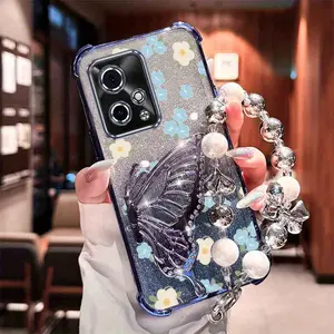 Honor 90 GT 5G Popular Series Pearl Strap Lanyard Phone Holder Case For Compatible With Huawei Honor 90 GT 5G Transparent Magnetic Glitter Cover and Elegant Lovely Blue Flowers Protector Cases