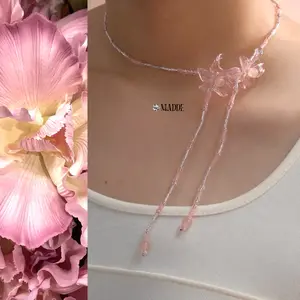 [NEW] Sparkling Crystal Beaded Flower Necklace, Handmade Floral Charm Jewelry, Aesthetic Summer Necklace, Gift for Her