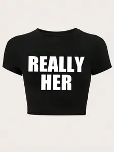 Women's Letter Print Round Neck Crop Tee, Fashion Casual Tight-fitting Short Sleeve T-shirt for Daily Wear, Ladies Summer Clothes, Casual Soft Top