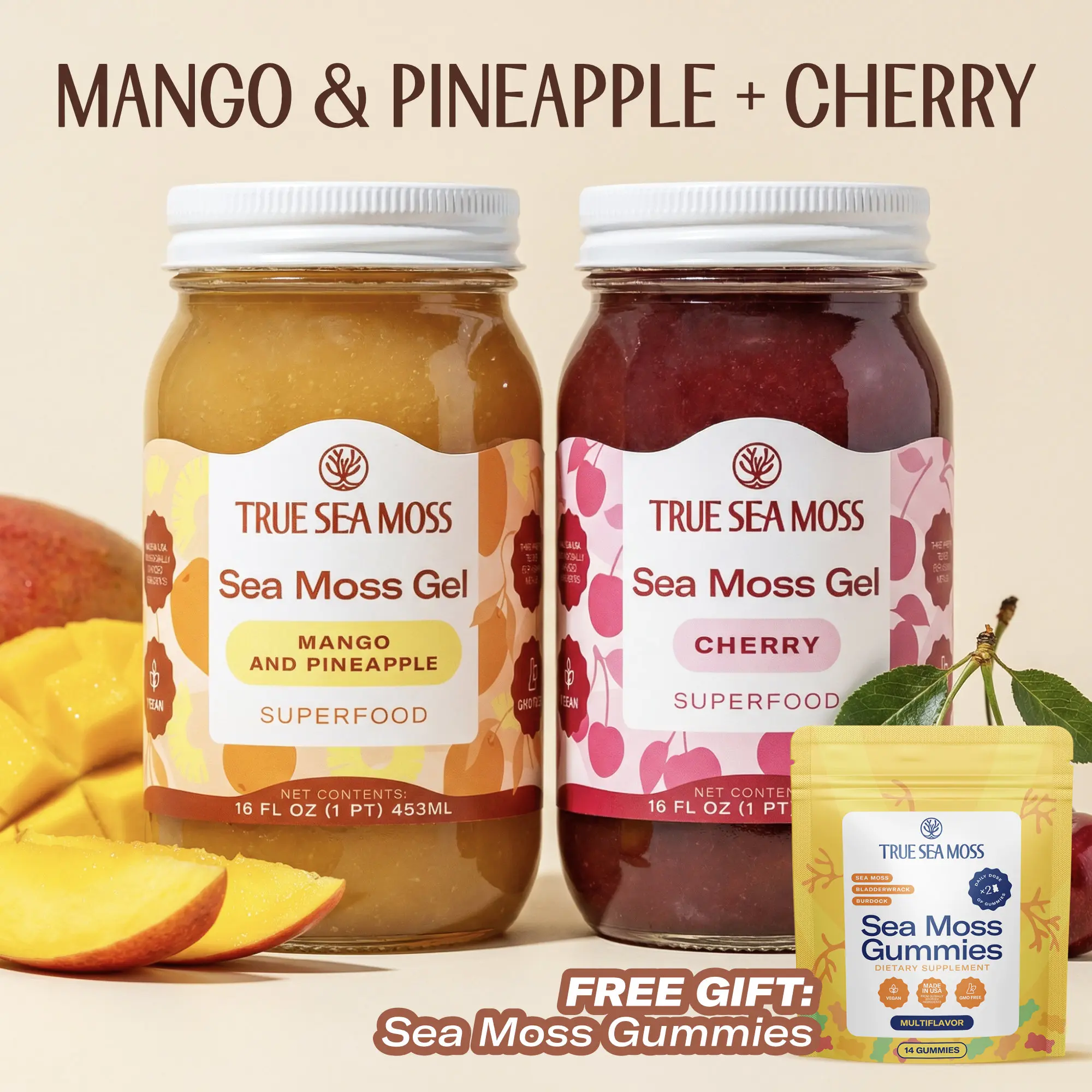 True Sea Moss Gel 2-Jar Bundle: Mango Pineapple & Cherry – Rich in Minerals & Vitamins True Sea Moss Gel 2-Jar Bundle: Mango Pineapple & Cherry – Rich in Minerals & Vitamins