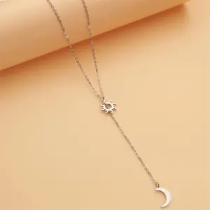 Accessories for Women, Stainless Steel Simple Collarbone Chain, Sun and Moon Long Necklace
