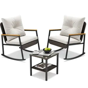 Sikaic 3 Piece Patio Furniture Set with Thick Cushions and 2-Tier Glass Coffee Table White Outdoor Furniture Rocking Bistro Set, Oversize Rattan Conversation Set for Garden, Balcony, Backyard, Poolside