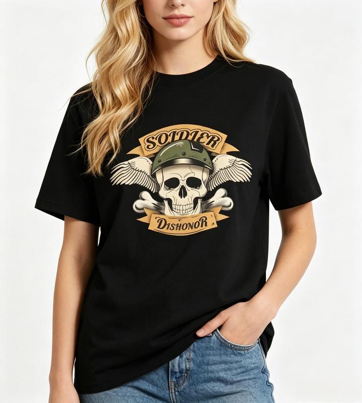 Women's Pure Cotton Military T-Shirt - Crew Neck, Short-Sleeve, Lightweight, Fitted Cut, Soldier Skull Wings Graphic Print, Black Vintage Gothic Casual Streetwear Tee #sohochic