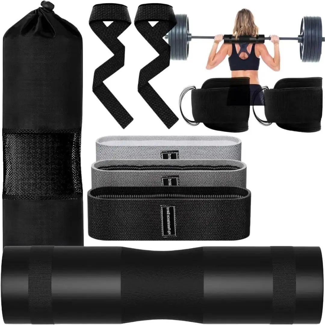 Barbell Pad Set for Squat 10 PCS Hip Thrusts Workout Foam Weight Lifting Bar Cushion with 2 Gym Ankle Straps 3 Hip Resistance Bands 2 Lifting Strap Barbell Pad and Carry Bag Lightweight Skin-Friendly Durable Ergonomic Groove Design Non-Slip Fabric