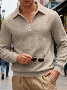 Men's Linen Texture Half-Zip Mock Neck Sweater, French Loose Fit Knitwear, Casual Fashion for Daily Wear