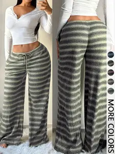 Women's Comfortable Casual Low Waist Drawstring Wide Leg Loose Knit Pants, Striped Design, Simple Style, Perfect for Daily Wear