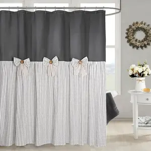 Farmhouse Grey Shower Curtain,Bowknot,Cotton Woven and Cotton Blend Fabric,Pleated Grey Stripe,Country Style,72x72 in