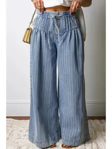 Stripe Button Pleated Drawstring Waist Wide Leg Jeans