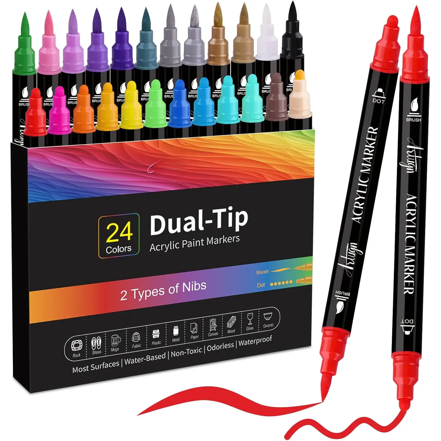 24 Colors   Pens, Dual Tip Pens With Medium Tip and Brush Tip for Rock Painting, Ceramic, , Plastic, Calligraphy, Scrapbooking, Brush Lettering, Card Making, DIY Crafts