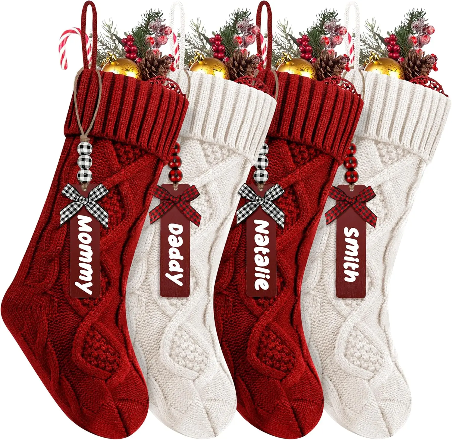 4Pack Personalized Christmas Stockings with Wooden Name Tags, 18 inches Xmas  Knitted Stocking for Holiday,  Decoration Gifts for Family Party(White&Red)