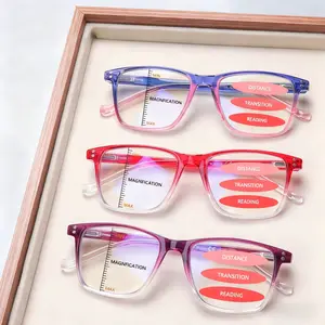 3-Pack Progressive Multifocal Blue Light Blocking Reading Glasses for women, Style Classic solid gradient frames with spring hinges for comfortable wear. Offers three levels of vision adjustment, suitable for daily commuting and computer work.